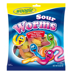 Жевательные конфеты Woogie Sour Worms 250г веселые змейки Жевательные конфеты Woogie Sour Worms 250г веселые змейки